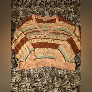 Retro Oversized Striped Open Knit Sweater - Peach, Brown & Mint Women's